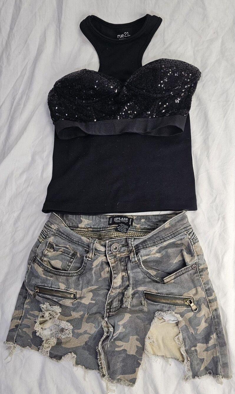 Curated Women’s Outfit Lot Sequin Crop Tops Distressed Camo Skirt Mesh Hoodie